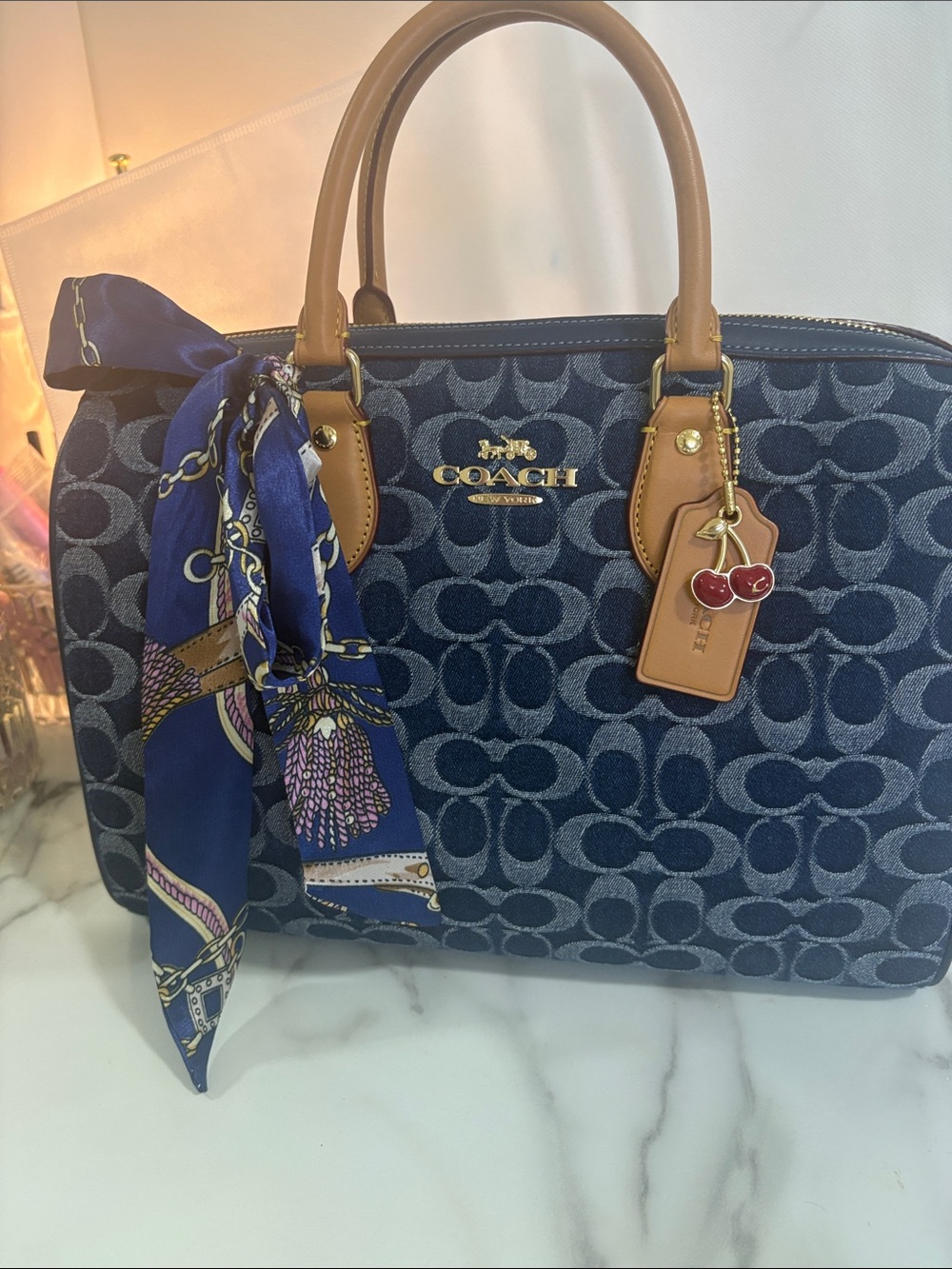 Large  Rowan  coach denim  Tote Bag with  strap Tan Accents great for travel